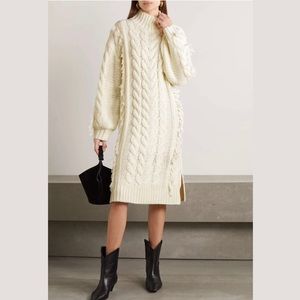 FARM RIO Fringed Chunky Cable Knit Ivory Midi Sweater Dress size Small